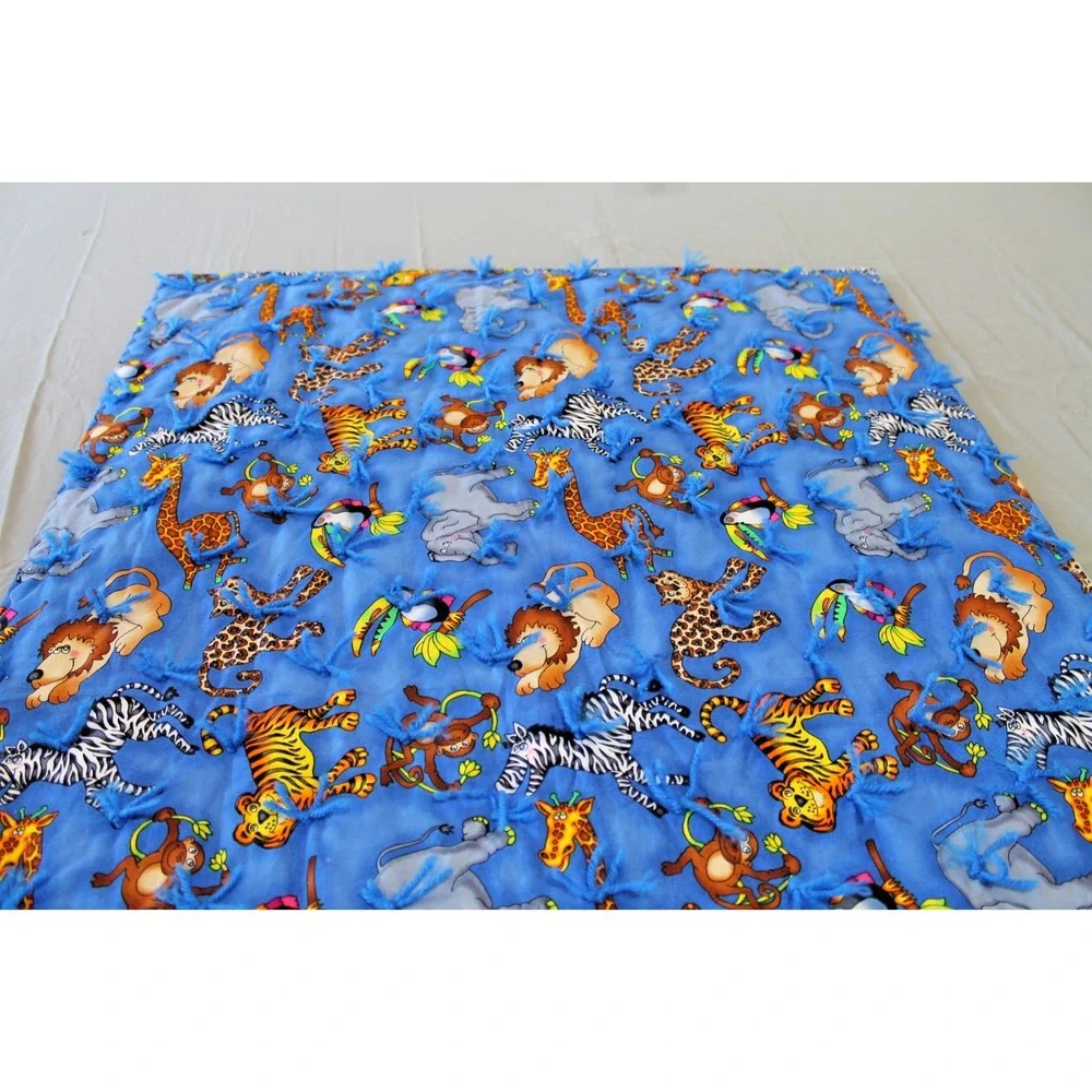 Handmade Baby Blanket Crib Nursery Jungle Animals Blue Primary Colors 43x30